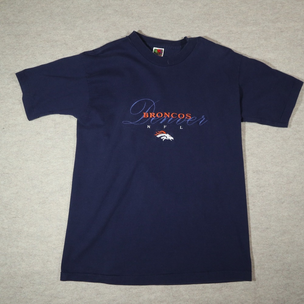 Vintage Denver Broncos NFL T-Shirt Mens L Navy Fruit of the Loom 90s Y2K Logo